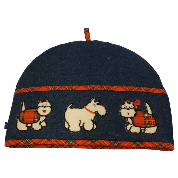 Denim Tea Cozy Tea Cosy Cover Plaid Scottie Dog Embroidered Farmhouse Kitchen - Picture 4 of 8